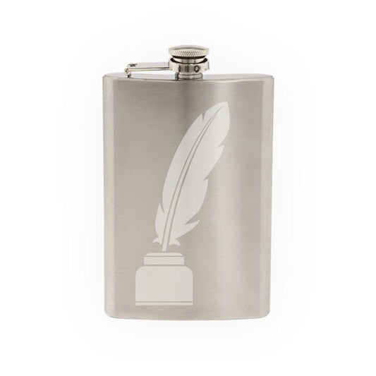 Feather #3 - Calligraphy Ink Writing Quill Scribe - Etched 8 Oz Stainless Steel Flask