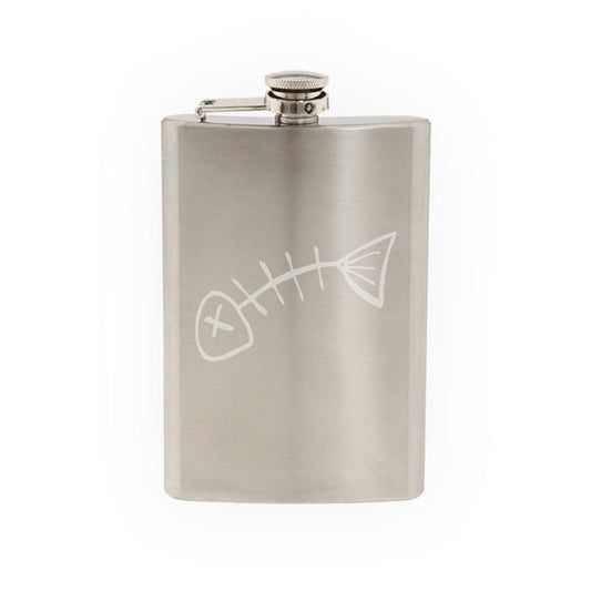 Fish Skeleton #2 - Bones Bony Fillet Bass Fishing Art- Etched 8 Oz Stainless Steel Flask