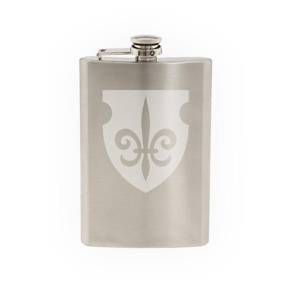 Fleur de lis #1 - Family Shield Lily Flower Heraldic  - Etched 8 Oz Stainless Steel Flask
