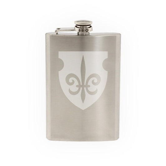 Fleur de lis #1 - Family Shield Lily Flower Heraldic  - Etched 8 Oz Stainless Steel Flask