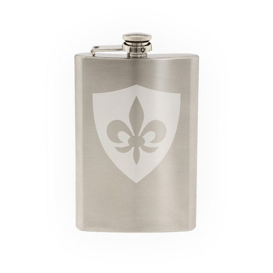Fleur de lis #2 - Family Shield Lily Flower Heraldic  - Etched 8 Oz Stainless Steel Flask