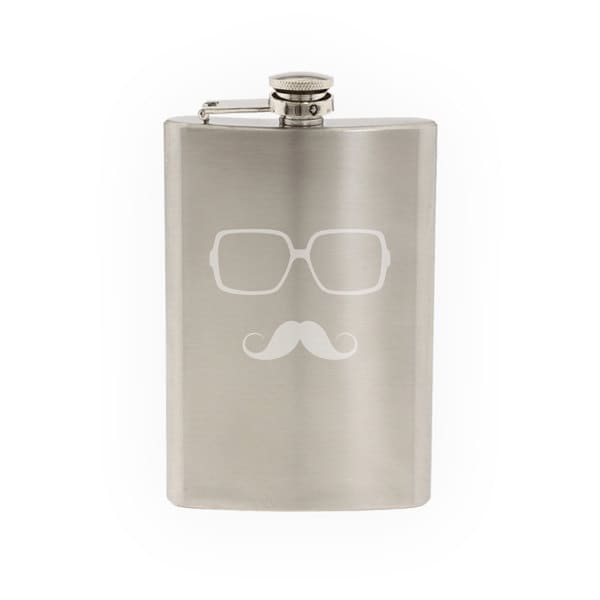 Glasses with Mustache #4 - Hipster Style Fancy Goofy- Etched 8 Oz Stainless Steel Flask