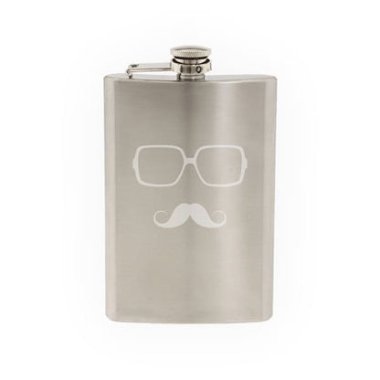 Glasses with Mustache #4 - Hipster Style Fancy Goofy- Etched 8 Oz Stainless Steel Flask