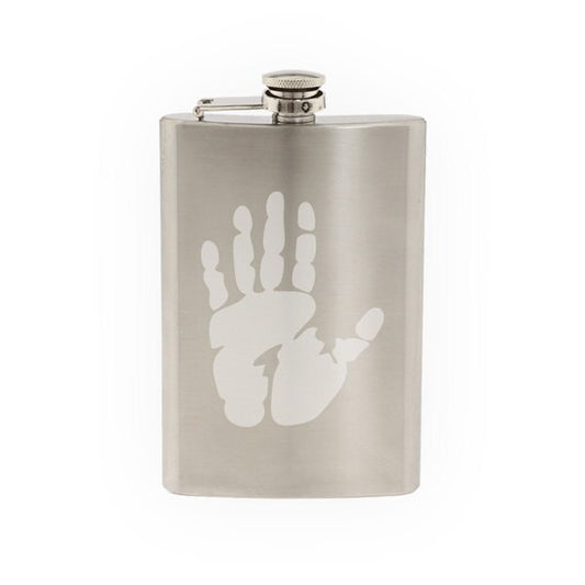 Hand Design #1 - Ink Stamp Style Palm Print- Etched 8 Oz Stainless Steel Flask