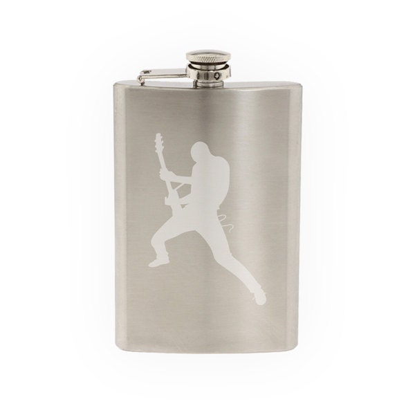 Musician Band - Rockstar Guitarist Silhouette Shadow V.2- Etched 8 Oz Stainless Steel Flask