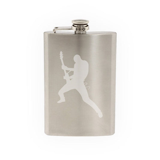 Musician Band - Rockstar Guitarist Silhouette Shadow V.2- Etched 8 Oz Stainless Steel Flask