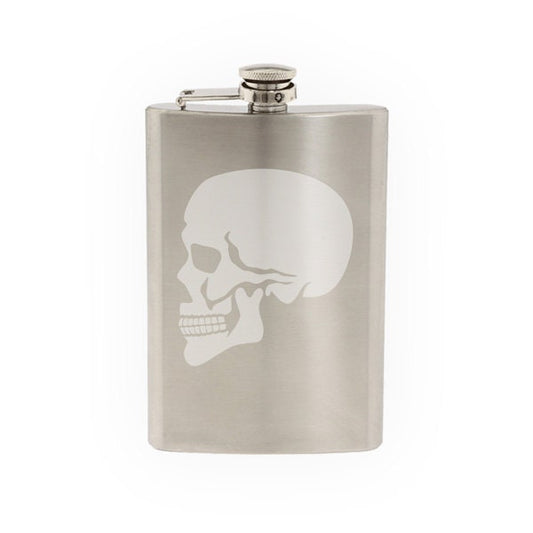 Human Skull - Halloween Scary Face Bone Skeleton Boo- Etched 8 Oz Stainless Steel Flask