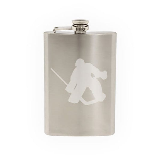Sports Silhouette - Hockey Goalie Save- Etched 8 Oz Stainless Steel Flask