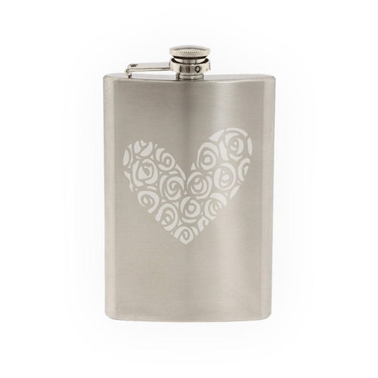 Love Doodle Art #8 - Rose Heart Floral - Valentine Affection- Etched 8 Oz Stainless Steel Flask