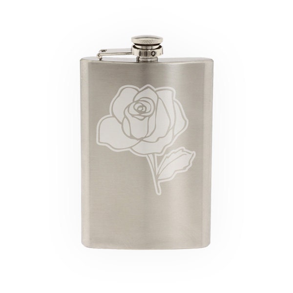 Love Doodle Art #12- Rose Floral Decor - Valentine - Etched 8 Oz Stainless Steel Flask
