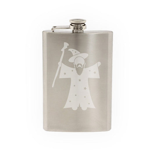 Medieval Stickman #3 - Magic Wizard Staff and Robes Spell- Etched 8 Oz Stainless Steel Flask