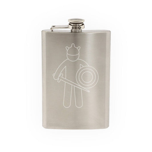 Medieval Stickman #7 - Knight Sword and Round Shield- Etched 8 Oz Stainless Steel Flask