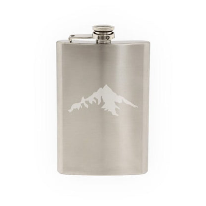 Landscape Decor - Mountain Range Silhouette Shadow Version 5 - Etched 8 Oz Stainless Steel Flask