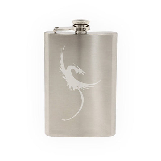 Mythical Creature - Dragon #2 European Winged Heraldic- Etched 8 Oz Stainless Steel Flask