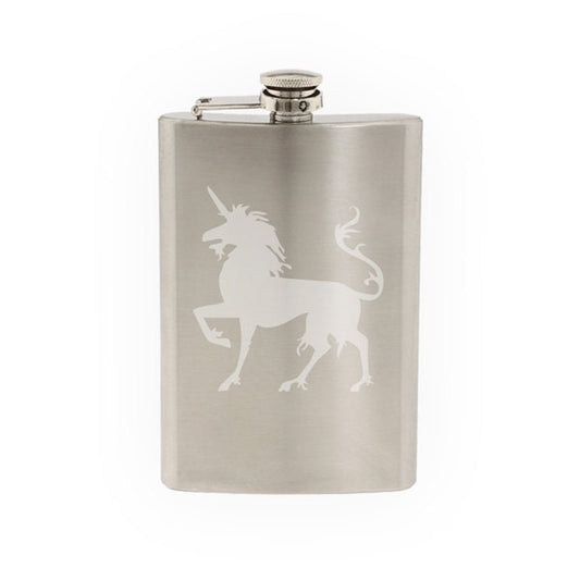 Mythical Creature- Unicorn 2 European Folklore Symbol- Etched 8 Oz Stainless Steel Flask