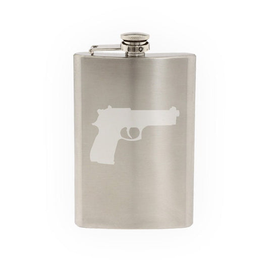 Pistol Silhouette #4 - Handgun Enthusiast Gun Rights- Etched 8 Oz Stainless Steel Flask