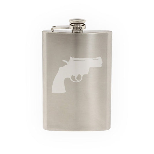 Pistol Silhouette #5 - Revolver Enthusiast Gun Rights Art- Etched 8 Oz Stainless Steel Flask