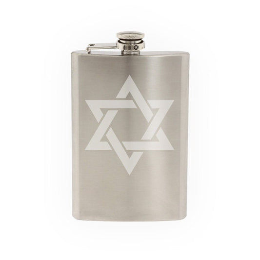Star Design #3 - Star Of David Jewish Hebrew Symbol- Etched 8 Oz Stainless Steel Flask