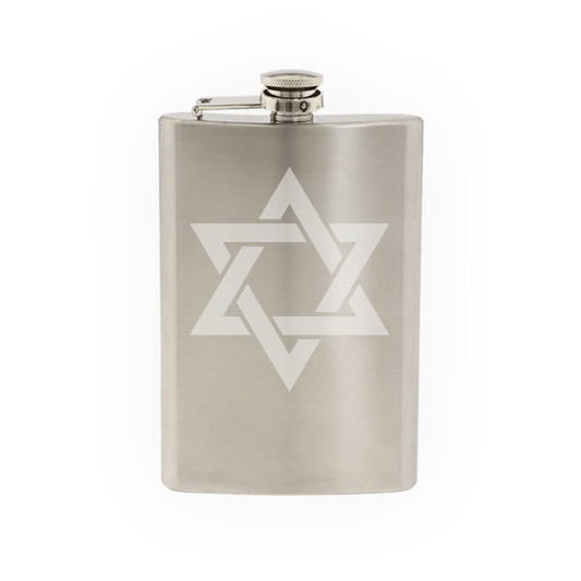 Star Design #3 - Star Of David Jewish Hebrew Symbol- Etched 8 Oz Stainless Steel Flask