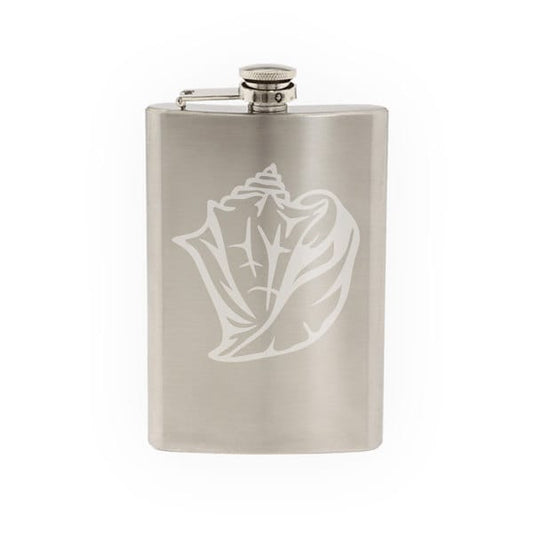 Ocean Biology Summer Beach - Conch Seashell Version 1- Etched 8 Oz Stainless Steel Flask
