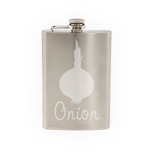 Produce Market #7 - Onion Bulb Common Culinary Vegetable- Etched 8 Oz Stainless Steel Flask