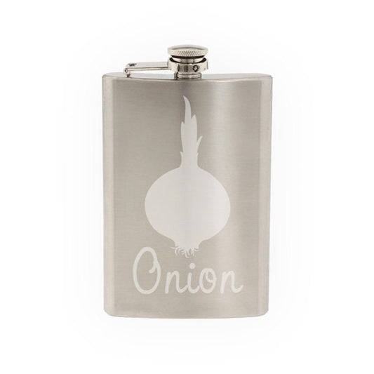 Produce Market #7 - Onion Bulb Common Culinary Vegetable- Etched 8 Oz Stainless Steel Flask