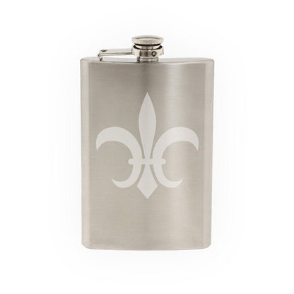 Renaissance Faire - Fleur De Lis Lily Flower French Symbol - Etched 8 Oz Stainless Steel Flask