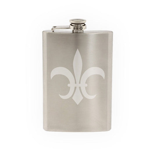Renaissance Faire - Fleur De Lis Lily Flower French Symbol - Etched 8 Oz Stainless Steel Flask