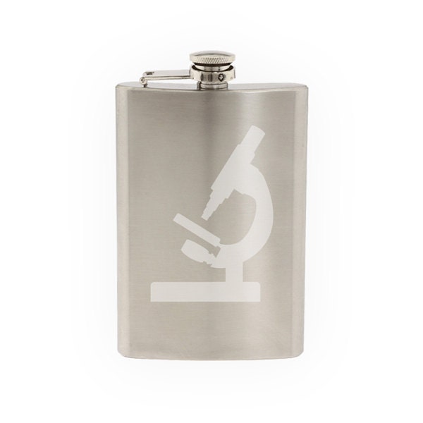Science Icon #3 - Lab Microscope Magnification Art - Etched 8 Oz Stainless Steel Flask
