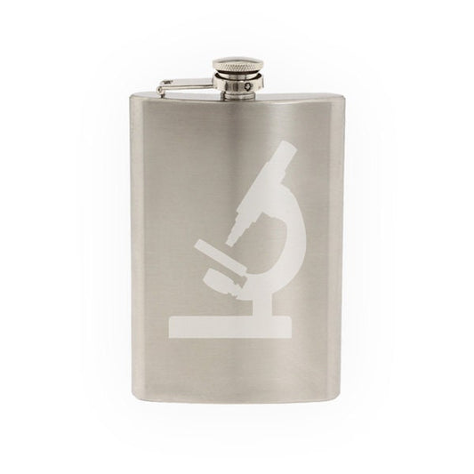 Science Icon #3 - Lab Microscope Magnification Art - Etched 8 Oz Stainless Steel Flask