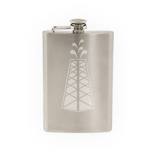 Industrial #8 - Oil Derrick Tower Fracking Spout Well- Etched 8 Oz Stainless Steel Flask