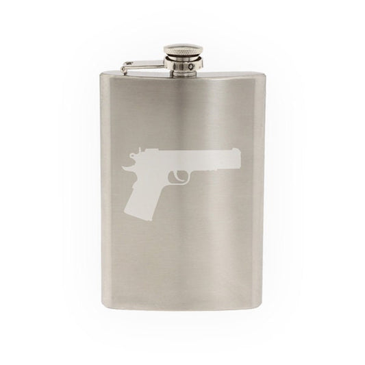 Pistol Silhouette #3 - Handgun Enthusiast Gun Rights- Etched 8 Oz Stainless Steel Flask