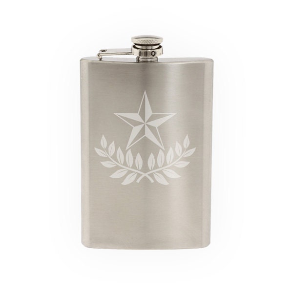 Star Design #1 - Nautical Laurel Leave Wreath Guide- Etched 8 Oz Stainless Steel Flask