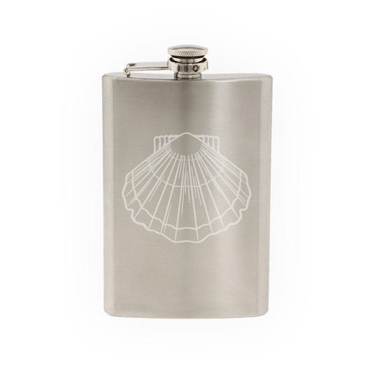Ocean Biology Summer Beach - Scallop Clam Seashell- Etched 8 Oz Stainless Steel Flask