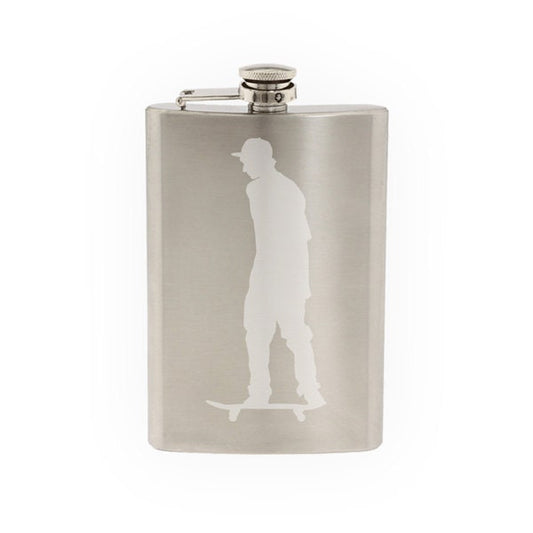 Skateboard Trick #3- Skate Shop Art Flatland Rider Goofy   - Etched 8 Oz Stainless Steel Flask