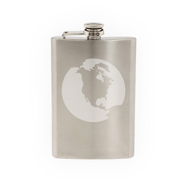 Space Icon - Planet Earth Cartoon Extraterrestrial - Etched 8 Oz Stainless Steel Flask