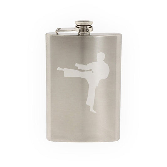 Sport Silhouette - Karate Martial Artist High Kick #1- Etched 8 Oz Stainless Steel Flask