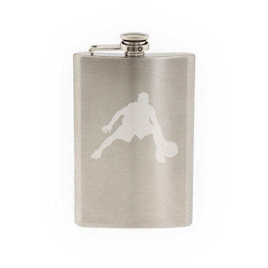 Sport Silhouette - Basketball Player Dribbling Version 3- Etched 8 Oz Stainless Steel Flask