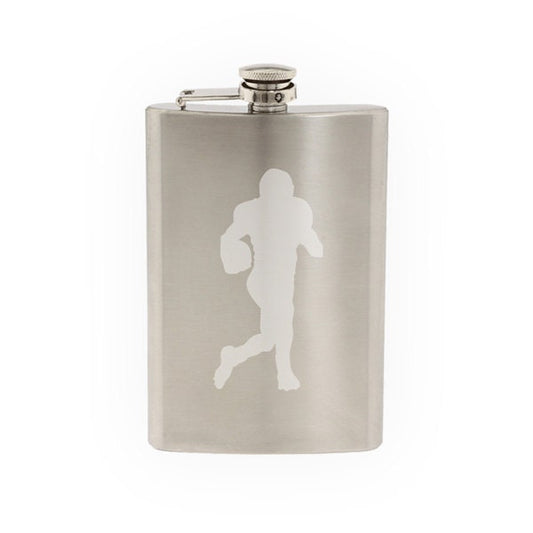 Sport Silhouette - Football Player Running Version 2 - Etched 8 Oz Stainless Steel Flask