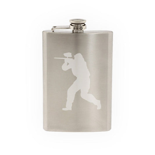 Sport Silhouette - Paintball Marker Player Version 1 - Etched 8 Oz Stainless Steel Flask