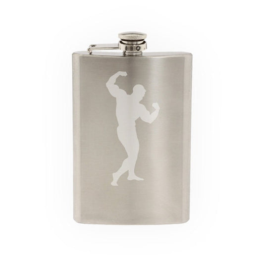 Sport Silhouette - Body Building Muscle Mass Version 1- Etched 8 Oz Stainless Steel Flask