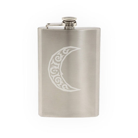 Ancient Culture - Aztec Mayan Tribal Moon Crescent  - Etched 8 Oz Stainless Steel Flask