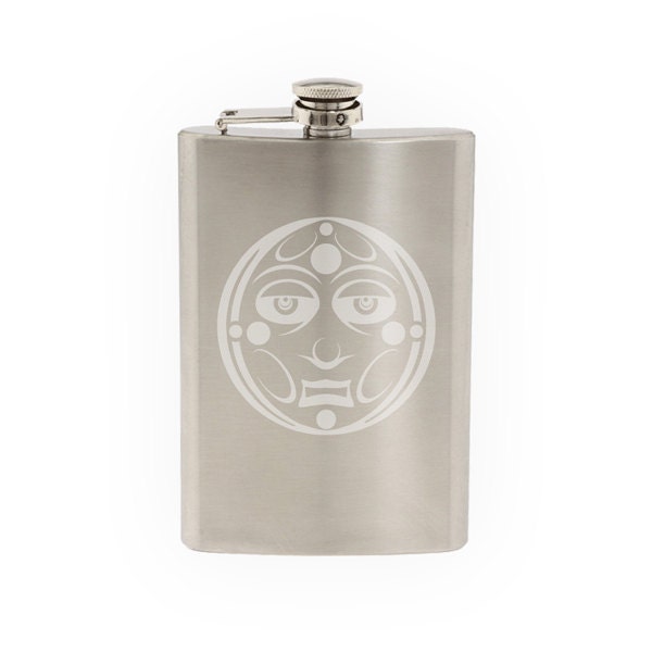 Ancient Ornament- Aztec Mayan Moon Spirit Tribal Face   - Etched 8 Oz Stainless Steel Flask