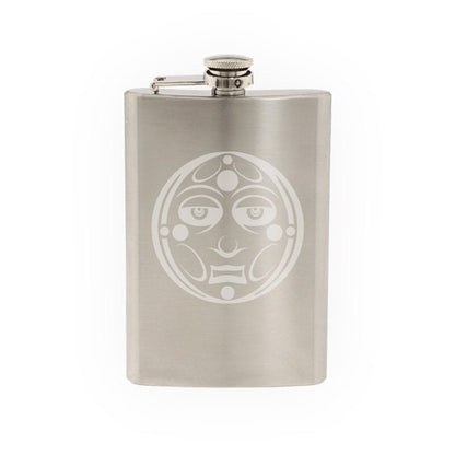 Ancient Ornament- Aztec Mayan Moon Spirit Tribal Face   - Etched 8 Oz Stainless Steel Flask