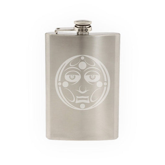 Ancient Ornament- Aztec Mayan Moon Spirit Tribal Face   - Etched 8 Oz Stainless Steel Flask