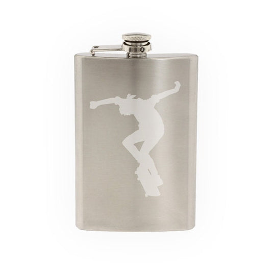 Skateboard Trick #4- Skate Shop Art Flatland Ollie Jump   - Etched 8 Oz Stainless Steel Flask
