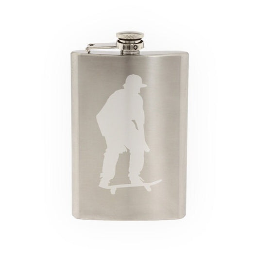 Skateboard Trick #11- Skate Shop Art Freestyle Flatland - Etched 8 Oz Stainless Steel Flask