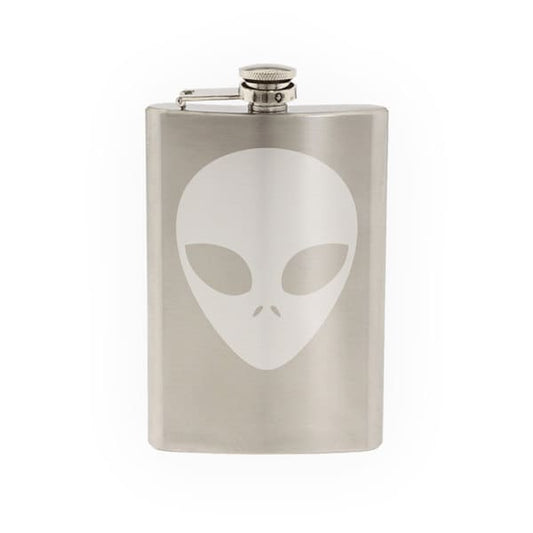 Space Icon - Alien Monster Face Extraterrestrial- Mountain Downhill Competitive - Etched 8 Oz Stainless Steel Flask