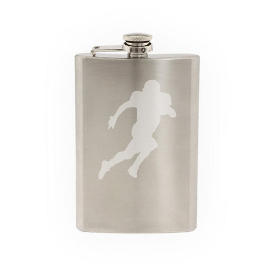 Sport Silhouette - Football Player Running- Etched 8 Oz Stainless Steel Flask