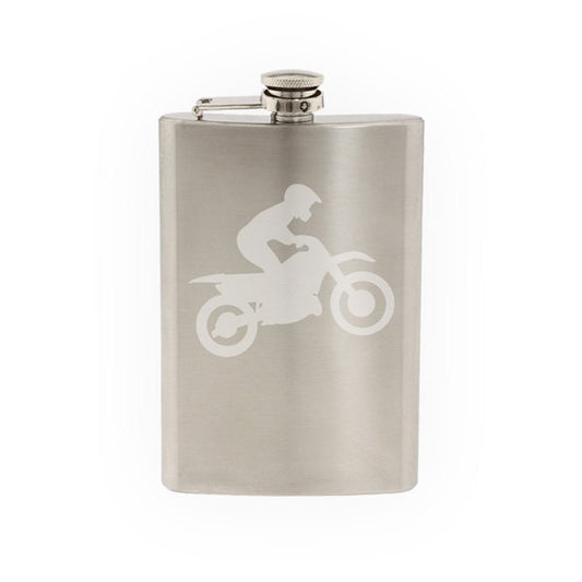 Sport Silhouette - Motocross Dirtbike Rider- Etched 8 Oz Stainless Steel Flask